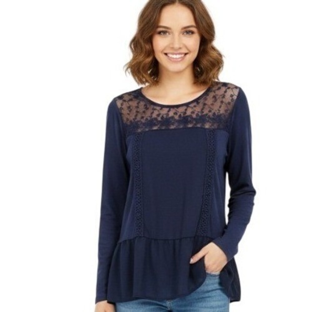 LC Lauren Conrad Blouse Womens L Navy Lace Yoke Ruffle Hem Tunic Long Sleeve Top